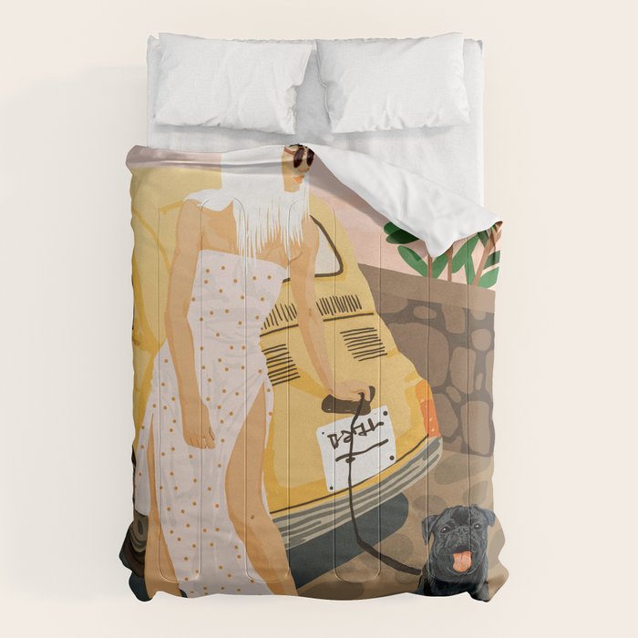 Tour, Pet Dog Walk, Italy Summer Fashion Woman, Animal Illustration, Travel Bohemian Cooper Painting Comforter Gallery Image 6