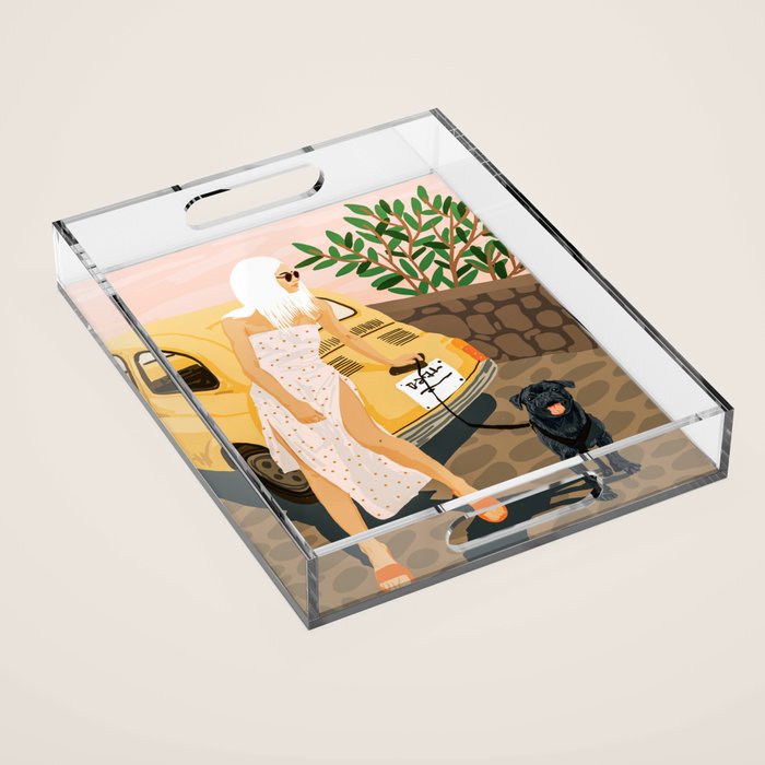 Tour, Pet Dog Walk, Italy Summer Fashion Woman, Animal Illustration, Travel Bohemian Cooper Painting Acrylic Tray Gallery Image 1