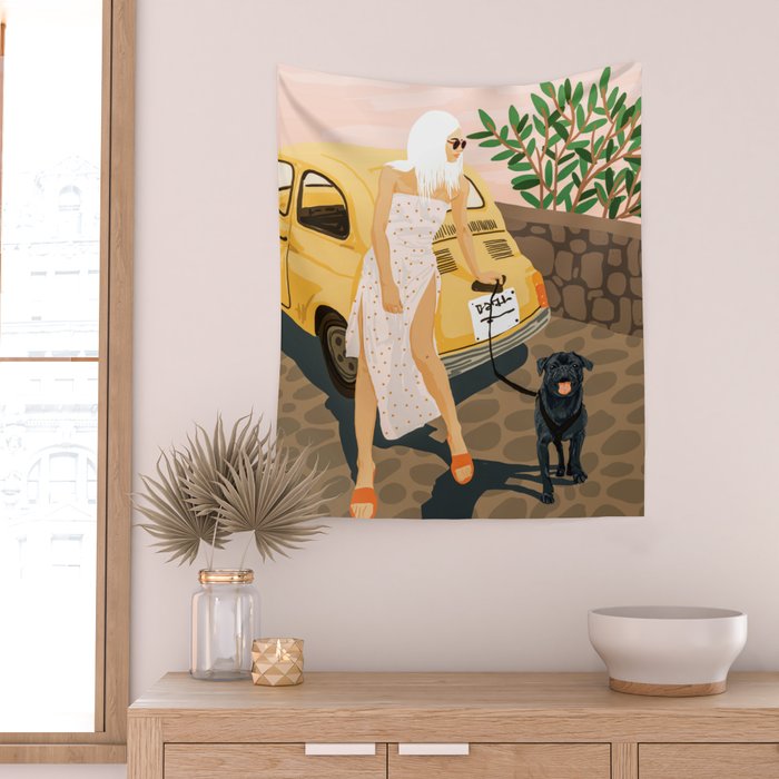 Tour, Pet Dog Walk, Italy Summer Fashion Woman, Animal Illustration, Travel Bohemian Cooper Painting Wall Tapestry Gallery Image 2
