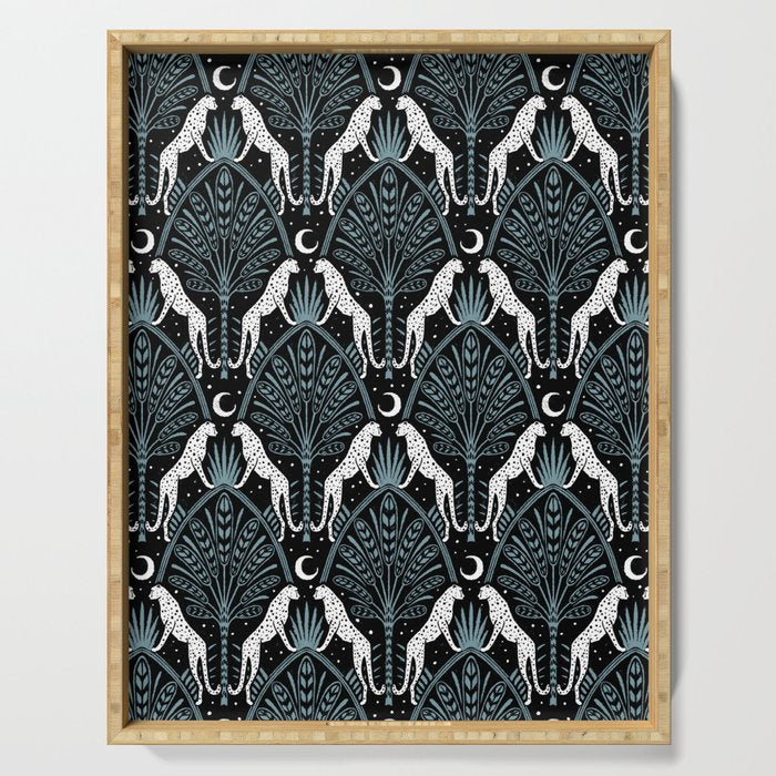 Night Cheetahs - black, white, and blue Serving Tray Gallery Image 1