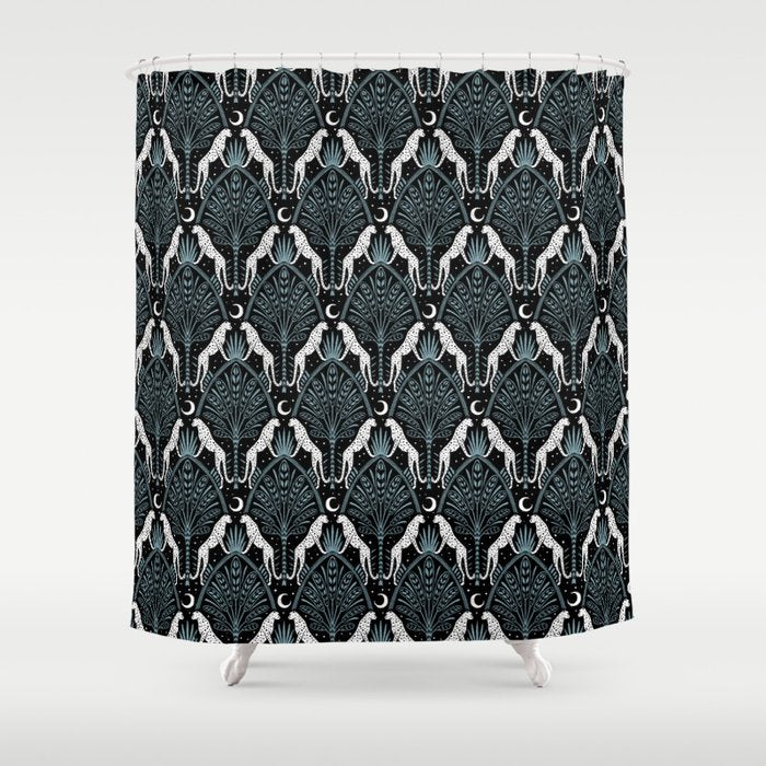 Night Cheetahs - black, white, and blue Shower Curtain Gallery Image 1