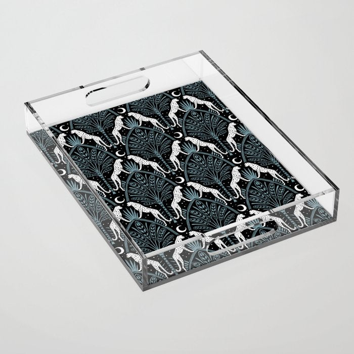 Night Cheetahs - black, white, and blue Acrylic Tray Gallery Image 1