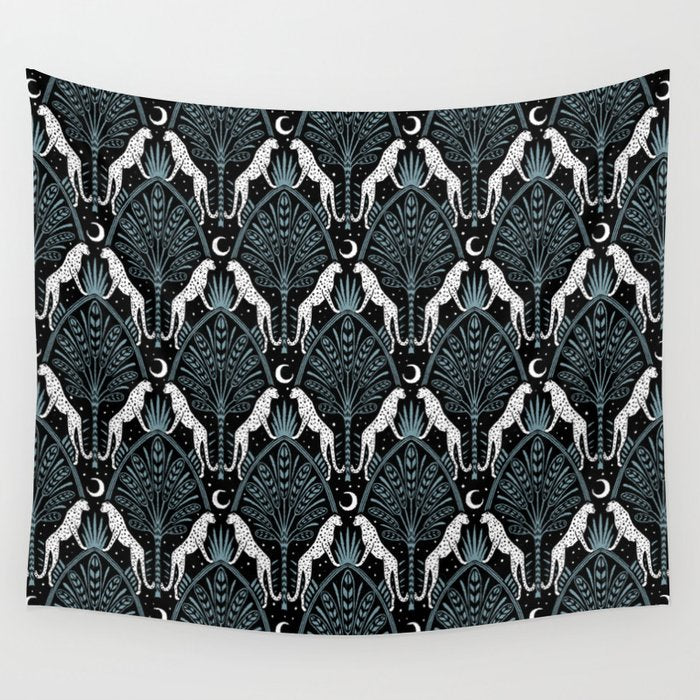 Night Cheetahs - black, white, and blue Wall Tapestry Gallery Image 4
