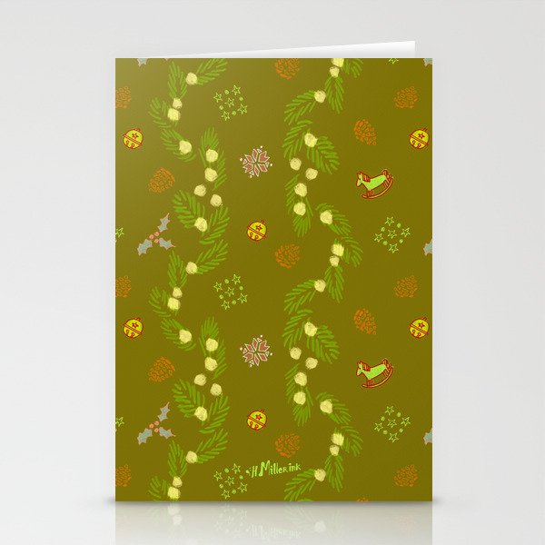 Whimsical Tiny Toys & Pine Branches in Green Stationery Card Gallery Image 1