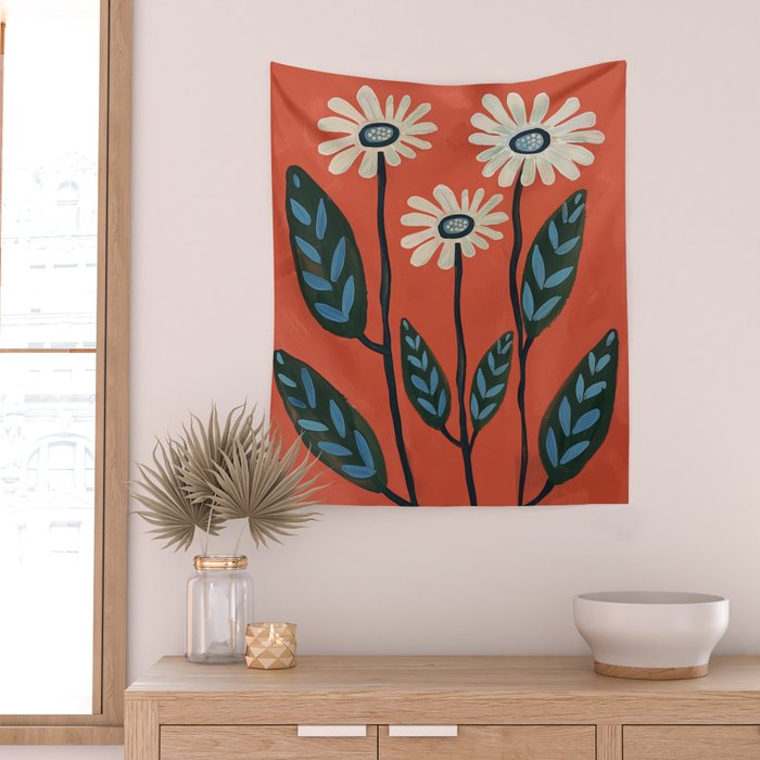 Terracotta Abstract Daisy Flowers Wall Tapestry Gallery Image 2