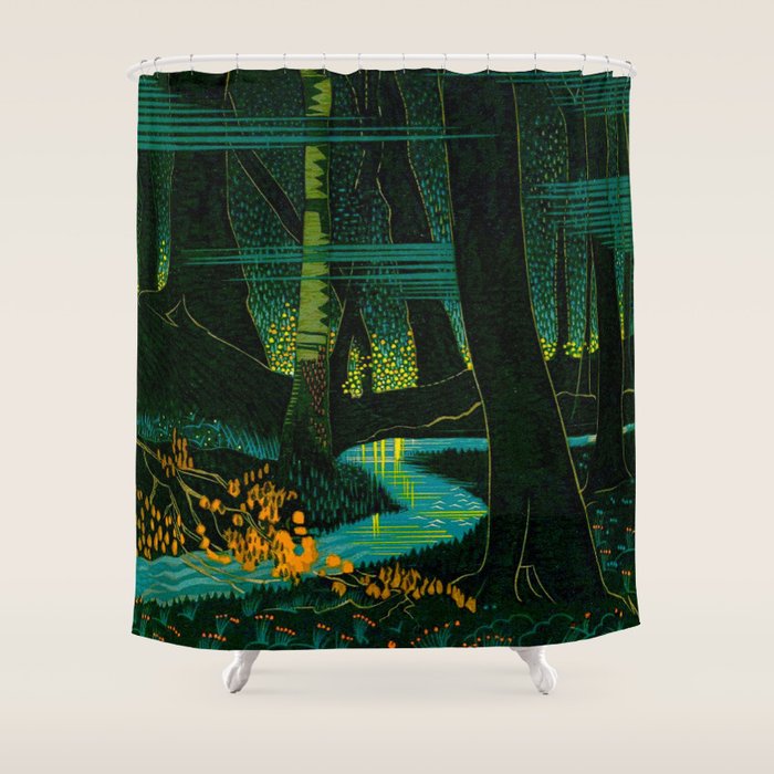 Magical Dark Fantasy Forest Woodblock Shower Curtain Gallery Image 1