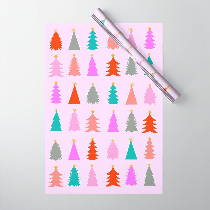 Christmas Tree Pattern on Pink Wrapping Paper Gallery Image 1