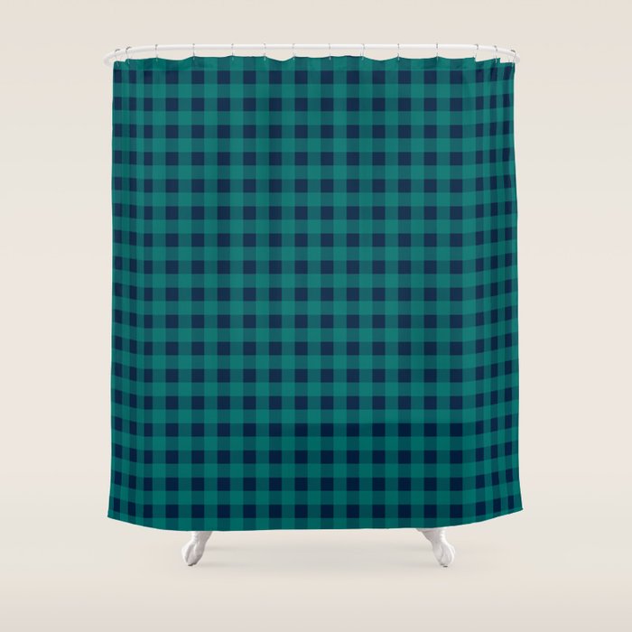Gingham Check Pattern in Navy Blue and Teal Shower Curtain Gallery Image 1