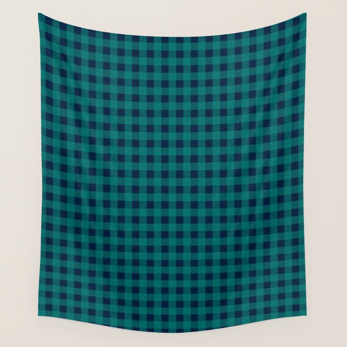Gingham Check Pattern in Navy Blue and Teal Wall Tapestry Gallery Image 1