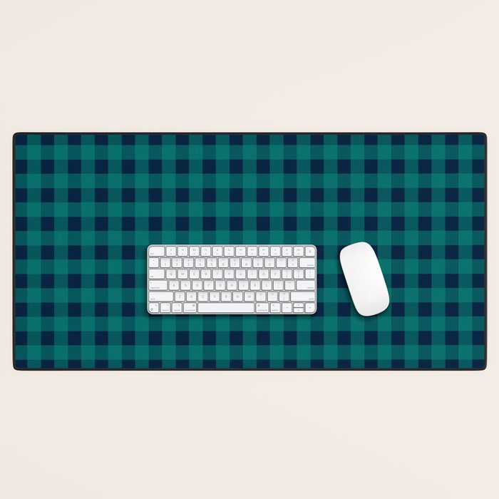 Gingham Check Pattern in Navy Blue and Teal Desk Mat Gallery Image 1