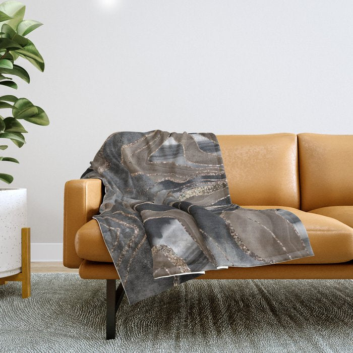 Black Brown Marble Agate Gold Glitter Glam #1 (Faux Glitter) #decor #art #society6 Throw Blanket Gallery Image 1