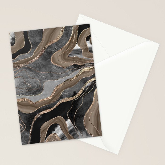 Black Brown Marble Agate Gold Glitter Glam #1 (Faux Glitter) #decor #art #society6 Stationery Card Gallery Image 2