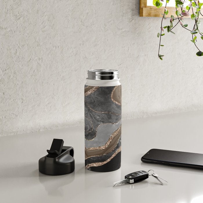 Black Brown Marble Agate Gold Glitter Glam #1 (Faux Glitter) #decor #art #society6 Water Bottle Gallery Image 4