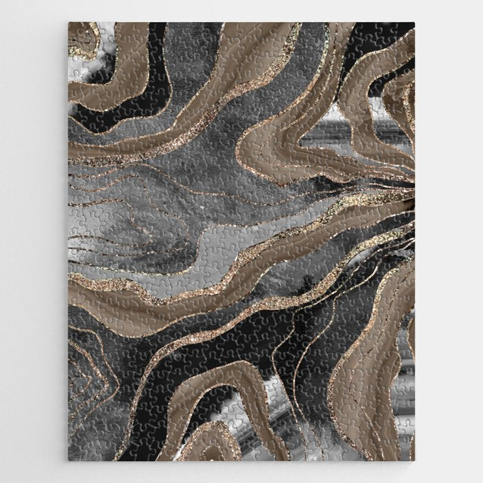 Black Brown Marble Agate Gold Glitter Glam #1 (Faux Glitter) #decor #art #society6 Jigsaw Puzzle Gallery Image 1