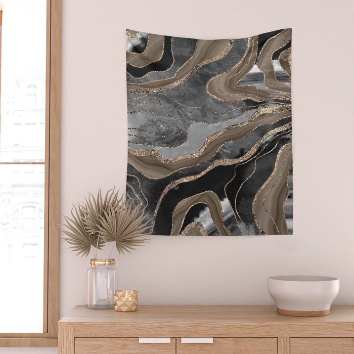 Black Brown Marble Agate Gold Glitter Glam #1 (Faux Glitter) #decor #art #society6 Wall Tapestry Gallery Image 2