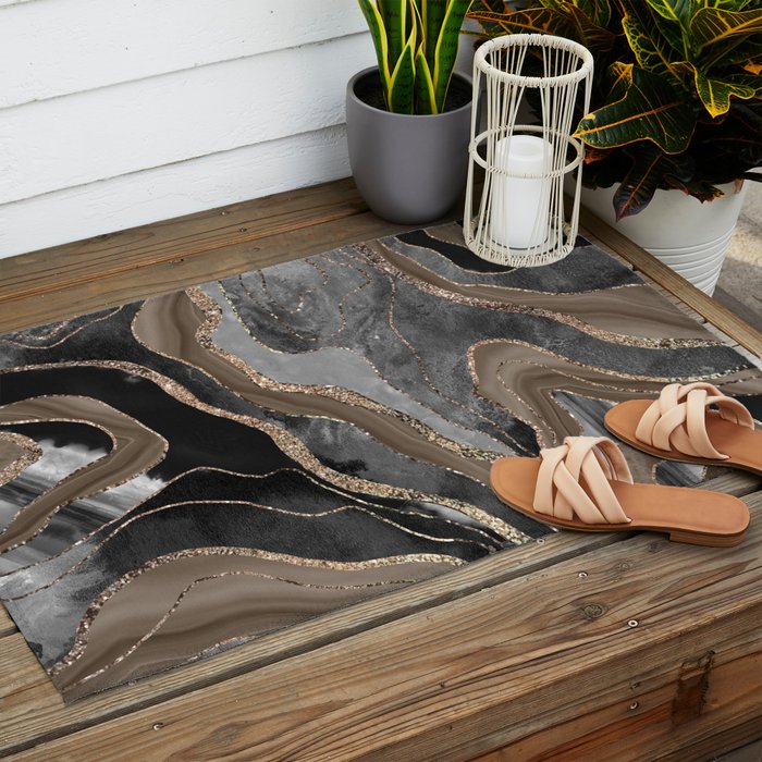Black Brown Marble Agate Gold Glitter Glam #1 (Faux Glitter) #decor #art #society6 Outdoor Rug Gallery Image 2