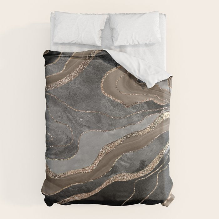 Black Brown Marble Agate Gold Glitter Glam #1 (Faux Glitter) #decor #art #society6 Duvet Cover Gallery Image 6