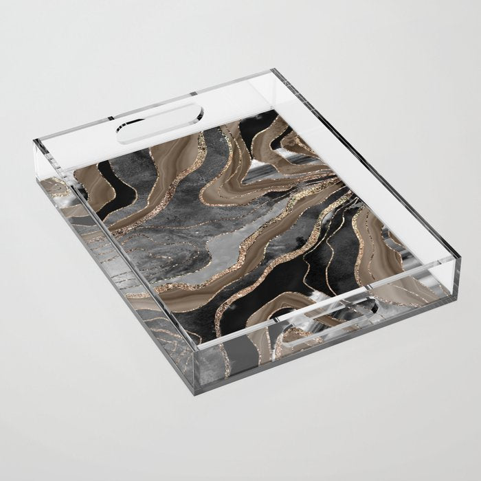 Black Brown Marble Agate Gold Glitter Glam #1 (Faux Glitter) #decor #art #society6 Acrylic Tray Gallery Image 1
