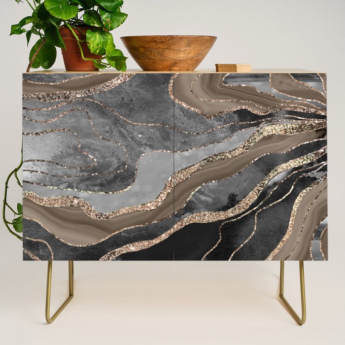 Black Brown Marble Agate Gold Glitter Glam #1 (Faux Glitter) #decor #art #society6 Credenza Gallery Image 1