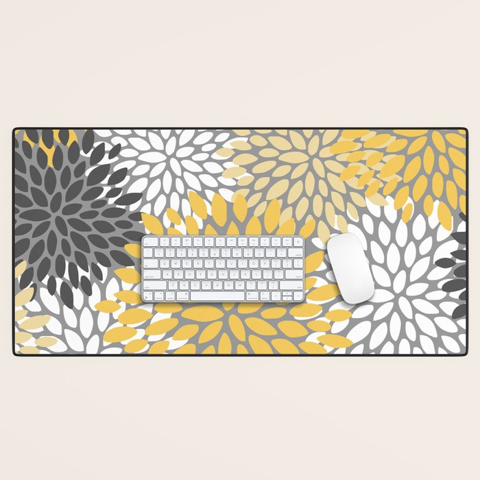 Modern Flowers Print, Yellow, White and Charcoal Grey Desk Mat Gallery Image 1