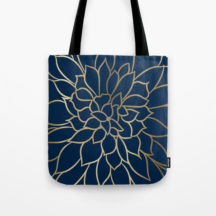 Floral Prints, Line Art, Navy Blue and Gold Tote Bag Gallery Image 1