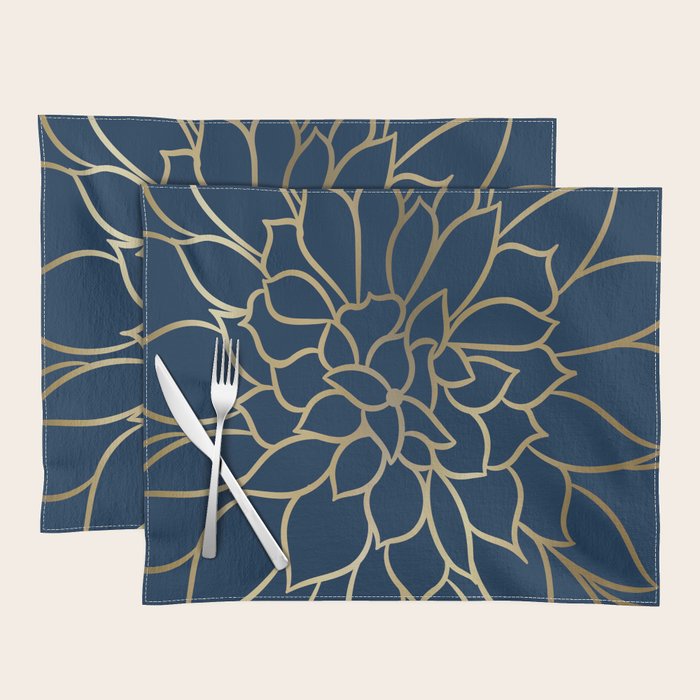 Floral Prints, Line Art, Navy Blue and Gold Placemat Gallery Image 1