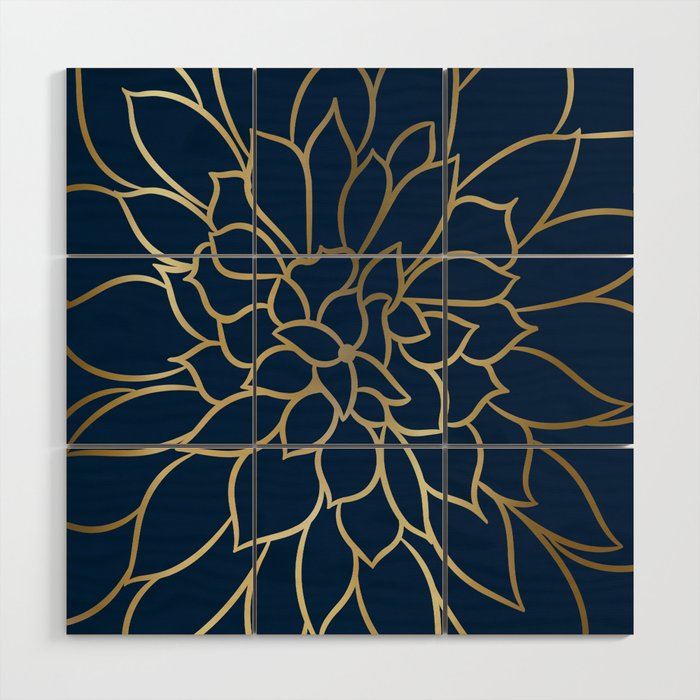 Floral Prints, Line Art, Navy Blue and Gold Wood Wall Art Gallery Image 1