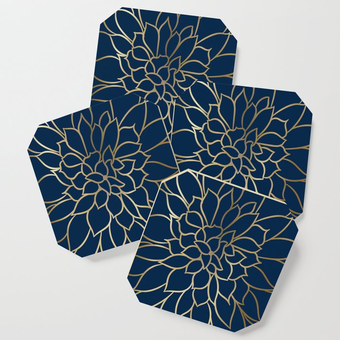 Floral Prints, Line Art, Navy Blue and Gold Coaster Gallery Image 1
