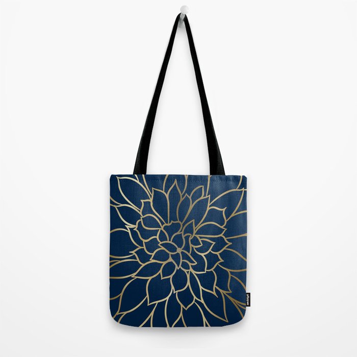 Floral Prints, Line Art, Navy Blue and Gold Tote Bag Gallery Image 2