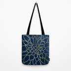 Floral Prints, Line Art, Navy Blue and Gold Tote Bag Gallery Image 2
