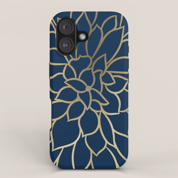 Floral Prints, Line Art, Navy Blue and Gold iPhone Case Gallery Image 1
