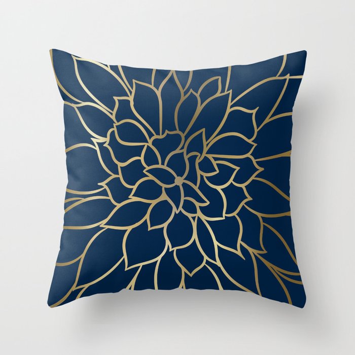 Floral Prints, Line Art, Navy Blue and Gold Throw Pillow Gallery Image 6