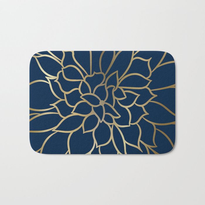 Floral Prints, Line Art, Navy Blue and Gold Bath Mat Gallery Image 1