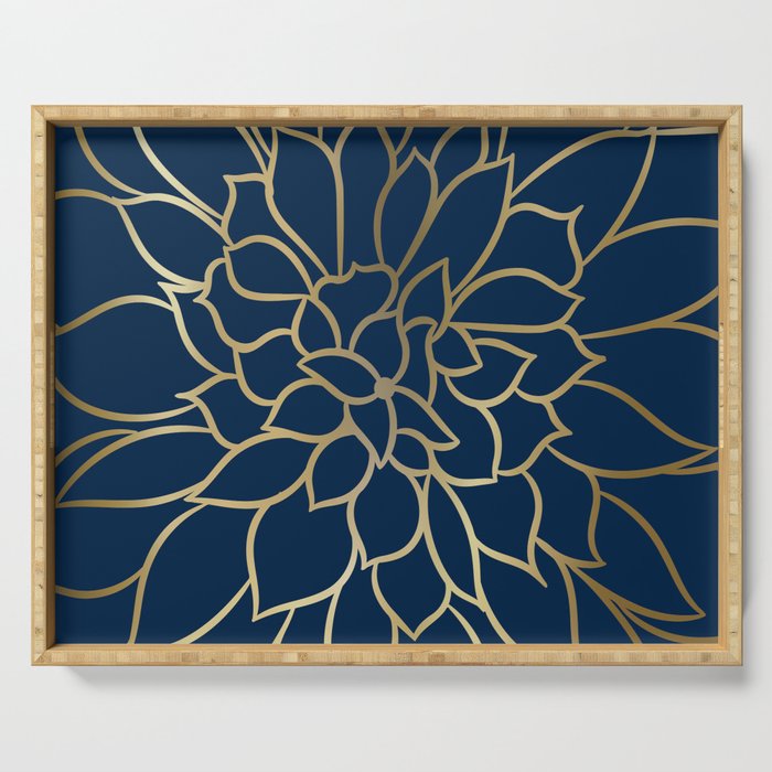 Floral Prints, Line Art, Navy Blue and Gold Serving Tray Gallery Image 1