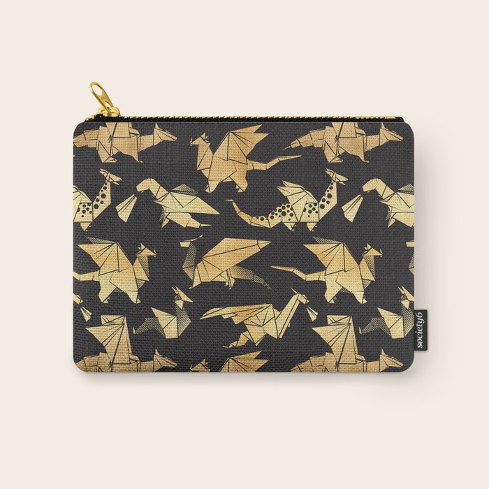 Origami metallic dragon friends // black background golden fantasy animals Carry All Pouch Gallery Image 1