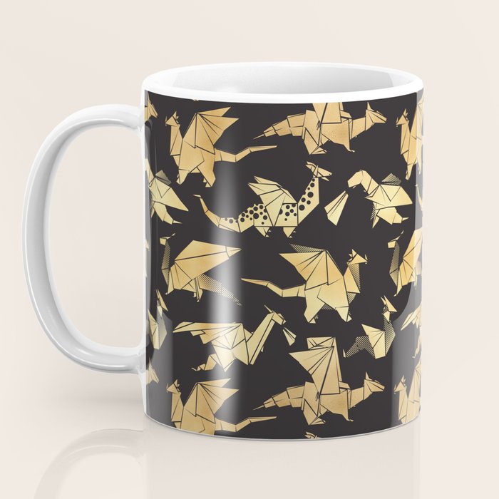 Origami metallic dragon friends // black background golden fantasy animals Coffee Mug Gallery Image 3