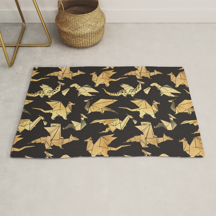 Origami metallic dragon friends // black background golden fantasy animals Rug Gallery Image 1