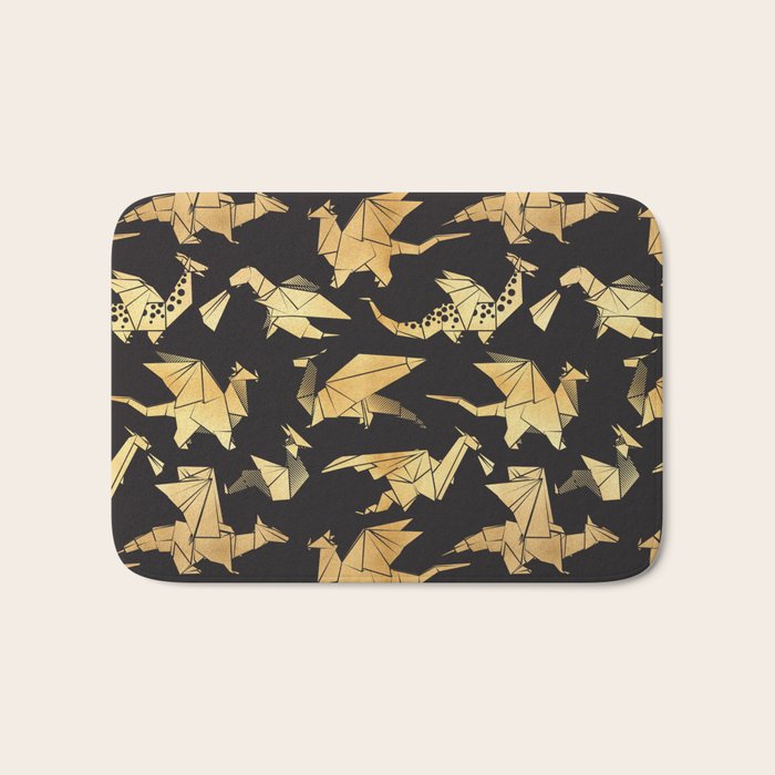 Origami metallic dragon friends // black background golden fantasy animals Bath Mat Gallery Image 1