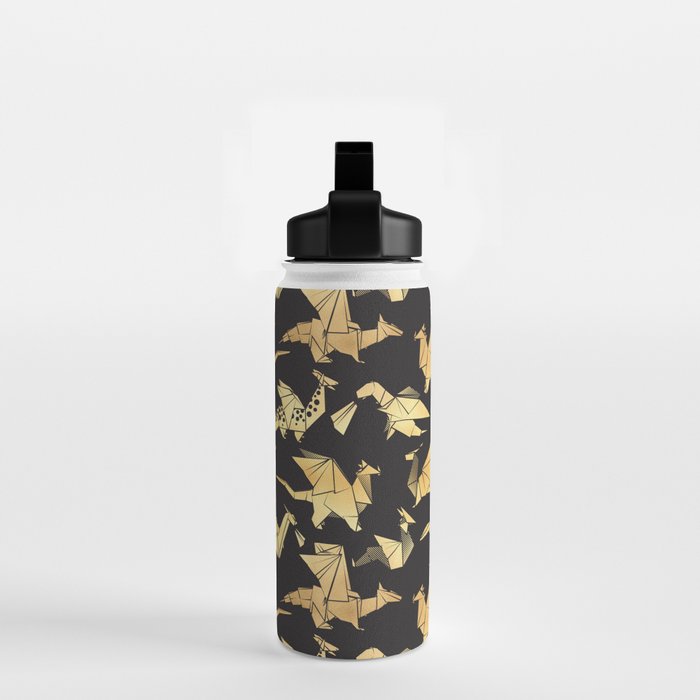 Origami metallic dragon friends // black background golden fantasy animals Water Bottle Gallery Image 2
