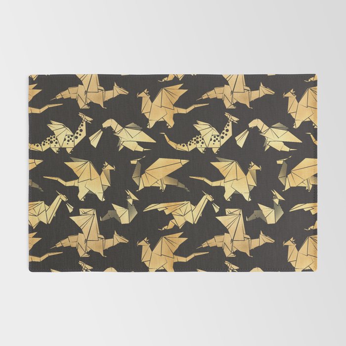 Origami metallic dragon friends // black background golden fantasy animals Rug Gallery Image 2