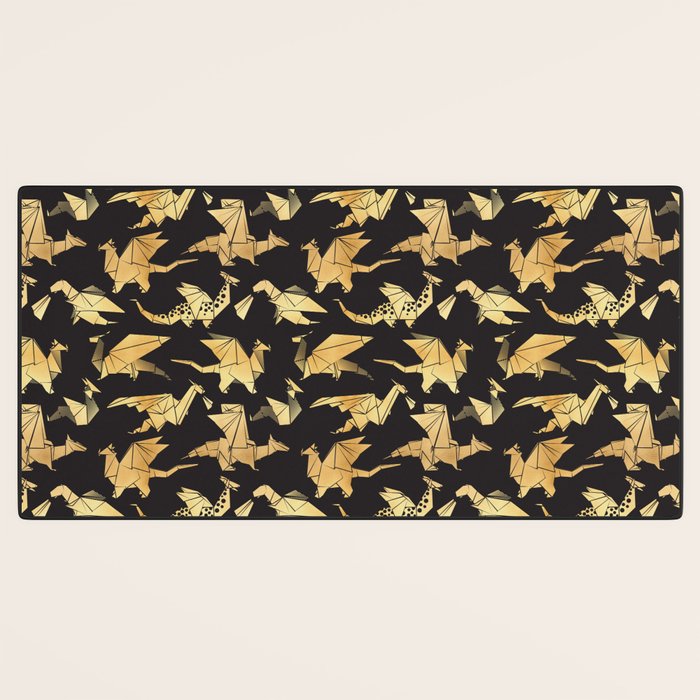 Origami metallic dragon friends // black background golden fantasy animals Desk Mat Gallery Image 3