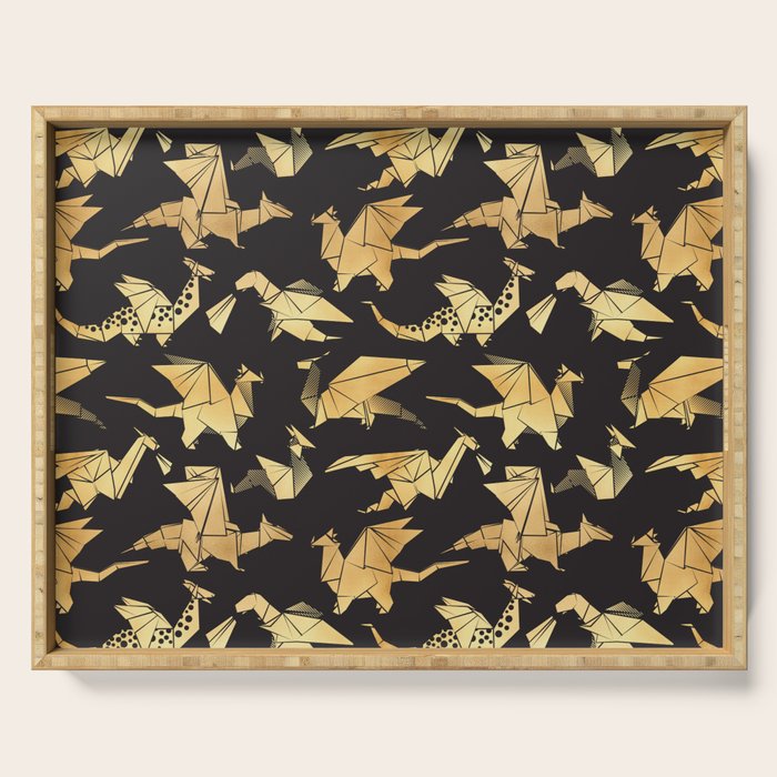 Origami metallic dragon friends // black background golden fantasy animals Serving Tray Gallery Image 1