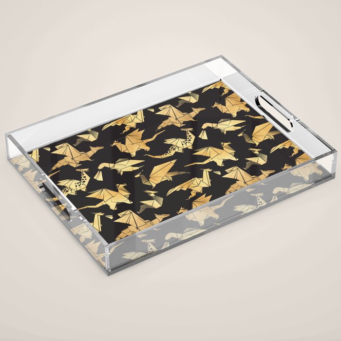 Origami metallic dragon friends // black background golden fantasy animals Acrylic Tray Gallery Image 1