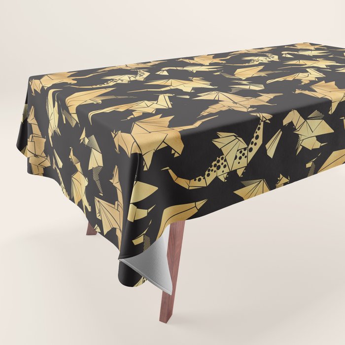 Origami metallic dragon friends // black background golden fantasy animals Tablecloth Gallery Image 1