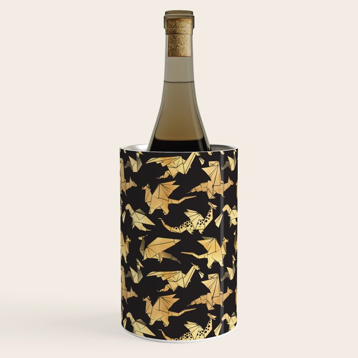 Origami metallic dragon friends // black background golden fantasy animals Wine Chiller Gallery Image 2