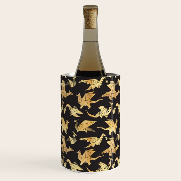 Origami metallic dragon friends // black background golden fantasy animals Wine Chiller Gallery Image 1