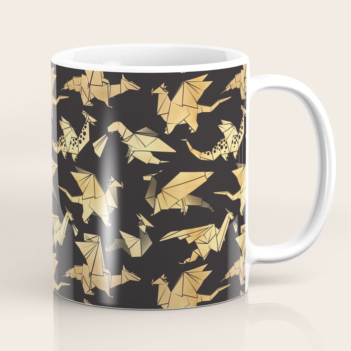 Origami metallic dragon friends // black background golden fantasy animals Coffee Mug Gallery Image 1