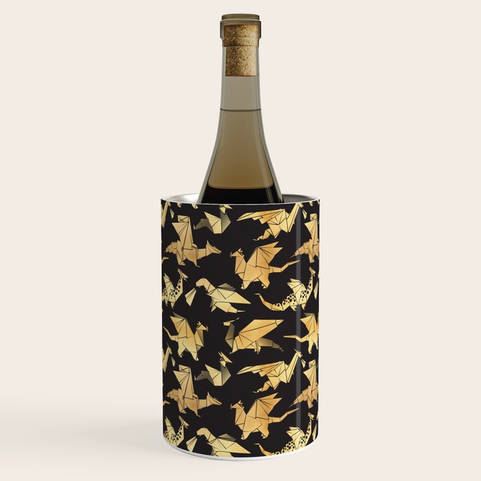 Origami metallic dragon friends // black background golden fantasy animals Wine Chiller Gallery Image 3