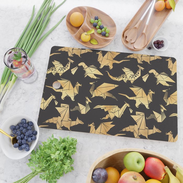 Origami metallic dragon friends // black background golden fantasy animals Cutting Board Gallery Image 2
