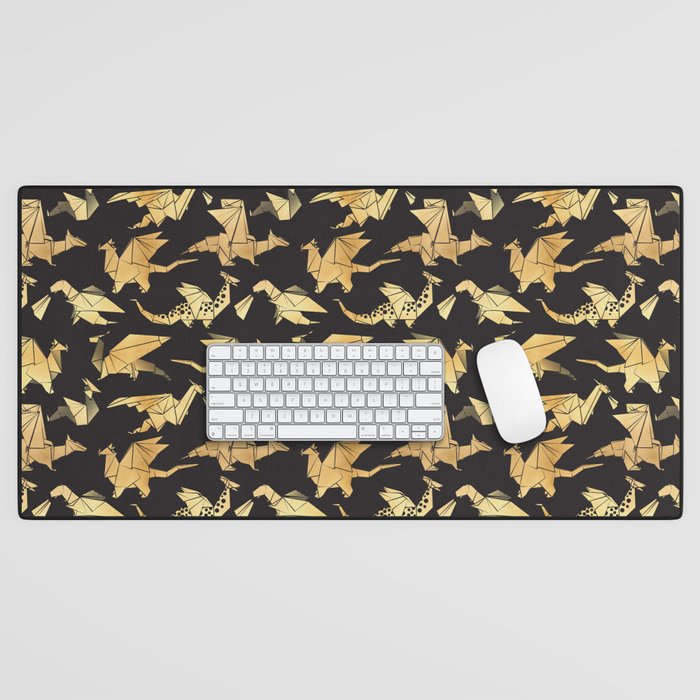 Origami metallic dragon friends // black background golden fantasy animals Desk Mat Gallery Image 1